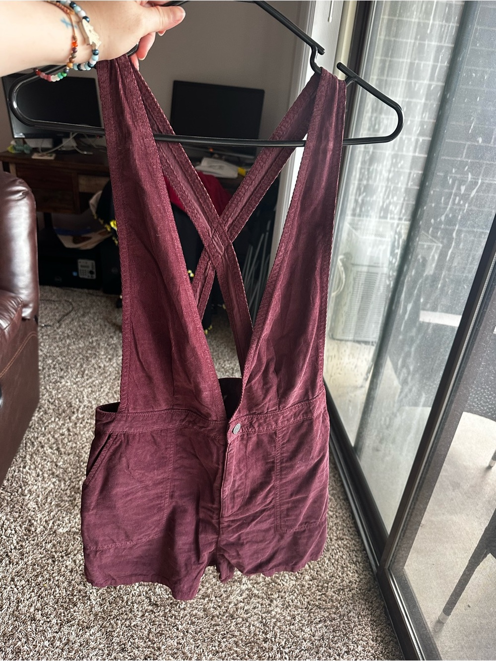 American Eagle Outfitters Burgundy Crossback Corduroy Short Overalls